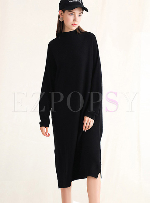 Pure Color Long Sleeve Loose Knitted Dress