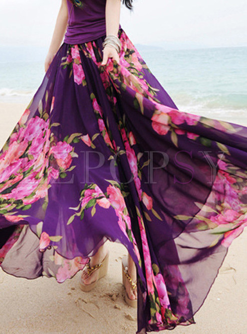 Purple Print Big Hem Chiffon Maxi Skirt