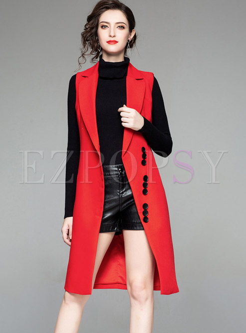 Trendy Red Notched Sleeveless Long Vest 