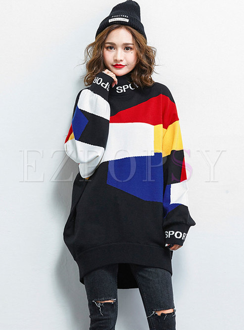 Casual Color-blocked High Neck Loose Sweater