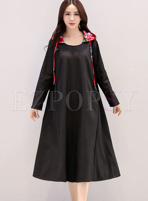 Vintage Ethnic Print Hooded Loose Dress