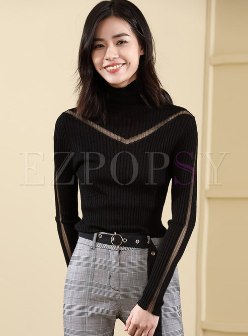 Stylish High Neck Solid Color Perspective Slim Sweater