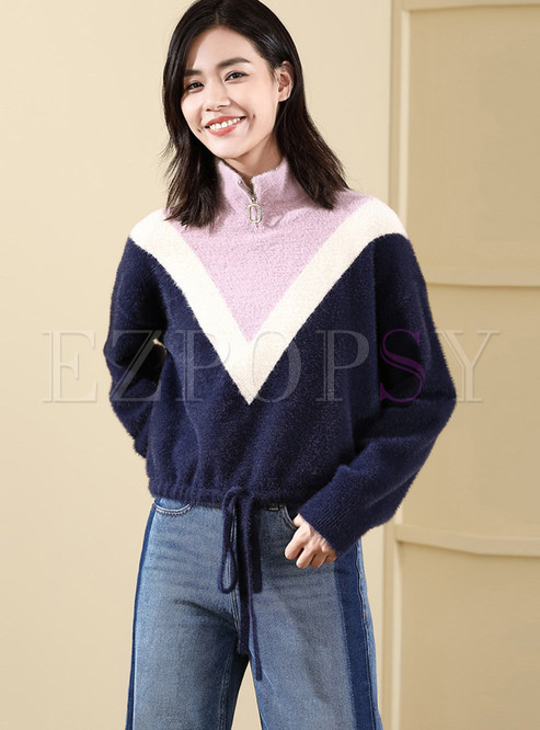 Loose Long Sleeve Color-blocked Tied Sweater
