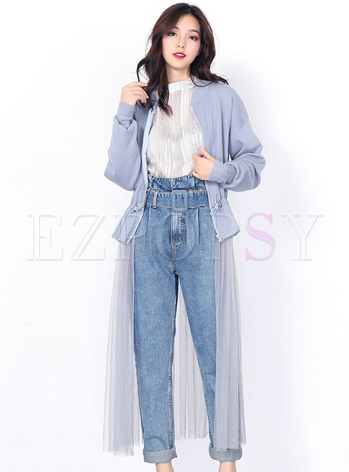 Pure Color Mesh Splicing Gathered Waist Zipper Knitted Coat