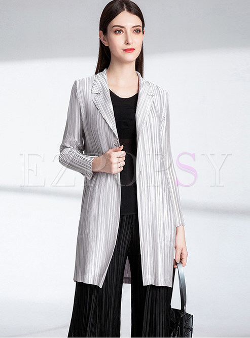 Fashion Notched Long Sleeve Slim Pleated Trench Coat