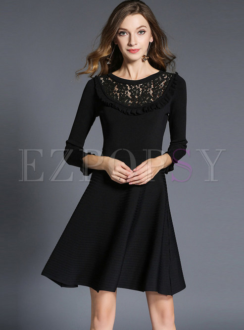 Pure Color Perspective Lace Stitching Slim Knitted Dress