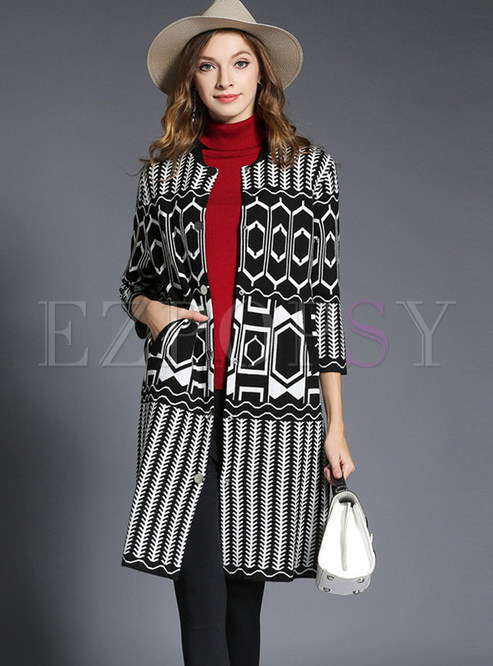 Color-blocked Geometric Print Single-breasted Knitted Coat