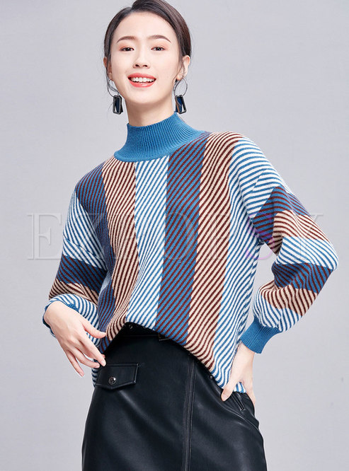 Color-blocked Striped High Neck Loose Sweater
