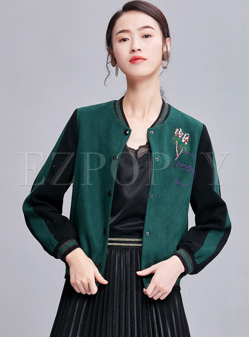 Color-blocked Embroidered Stand Collar Short Coat