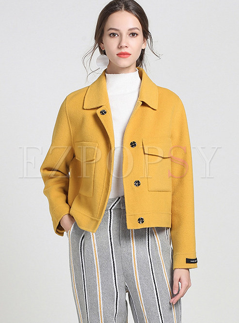 Yellow Turn Down Collar Single-breasted Woolen Short Coat