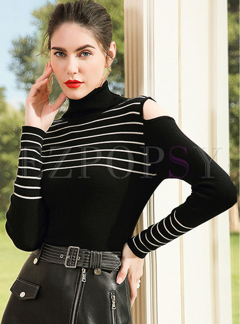 Chic Black Off Shoulder Long Sleeve Slim Knitted Sweater