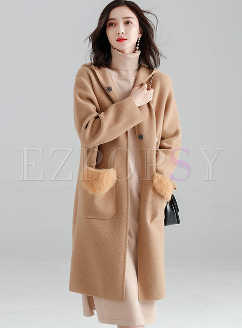 Solid Color Hooded Straight Woolen Coat