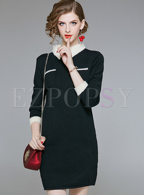 Chic Contrast-collar Straight Loose Knitted Dress