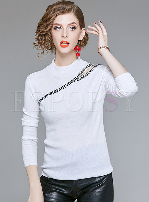 Chic White Letter Detail Off Shoulder Knitted Sweater
