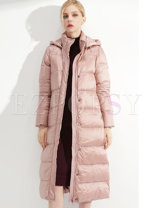 Trendy Dirty Pink Hooded Long Down Coat With Pockets