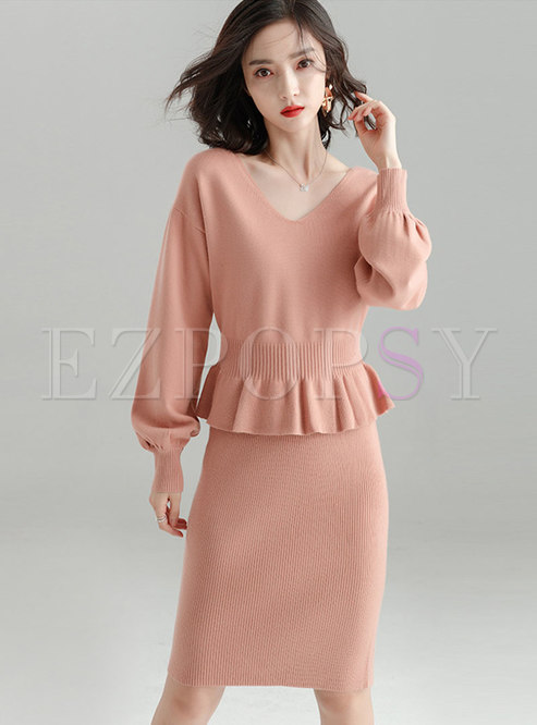 Elegant Solid Color Knitted Slip Dress & V-neck Gathered Waist Slim Sweater
