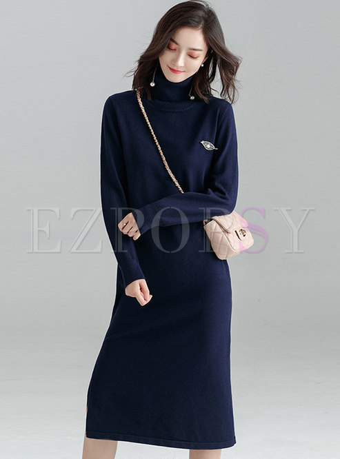 Brief Solid Color High Neck Side-slit Knitted Dress