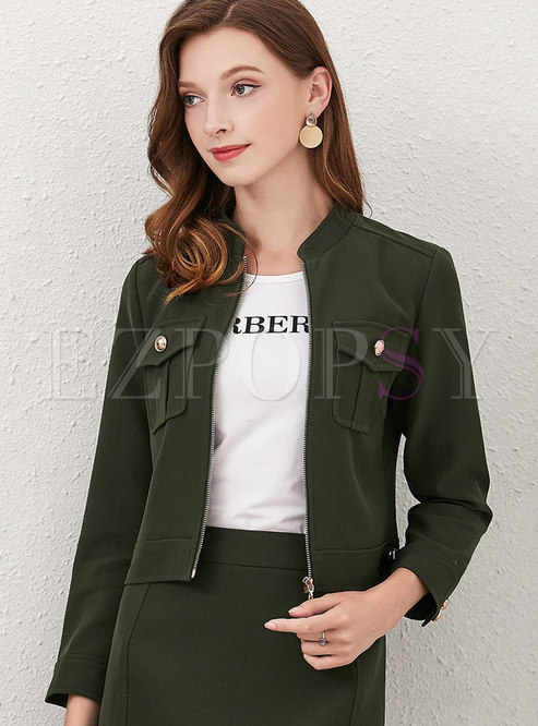 Brief Green Standing Collar Long Sleeve Stitching Coat