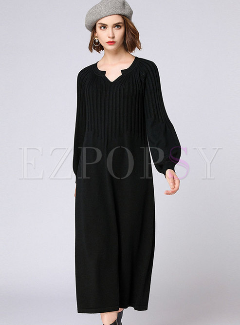 Brief Black Plus Size V-neck Slim Dress With Pockets