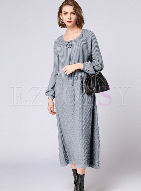 Casual Grey Lantern Sleeve Loose Sweater Dress