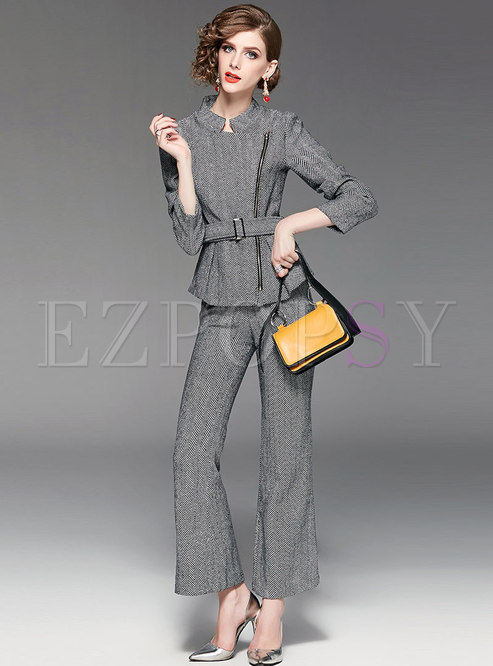 Elastic Stand Collar Zipper Belted Top & Flare Pants