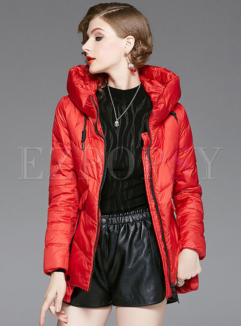 Stylish Red Hooded Zipper Asymmetric Down Coat