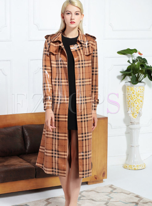 British Plaid Suede Tie-waist Straight Trench Coat With Pockets
