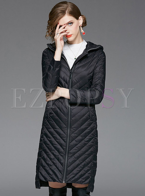 Solid Color Hooded Asymmetric Slim Down Coat