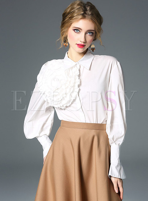 White Lapel Stereoscopic Flower Single-breasted Blouse