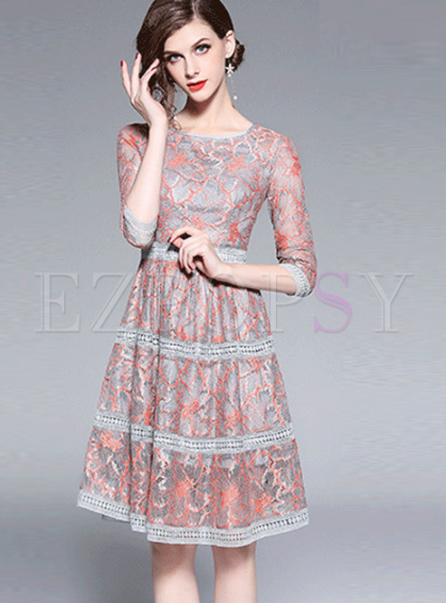 Trendy Crew-neck Lace-paneled Hollow Out Dress
