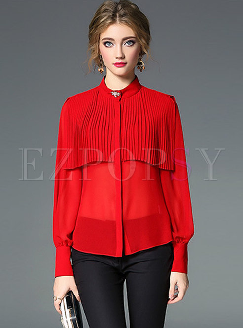 Tops | Blouses | Solid Color Lantern Sleeve Pleated Blouse