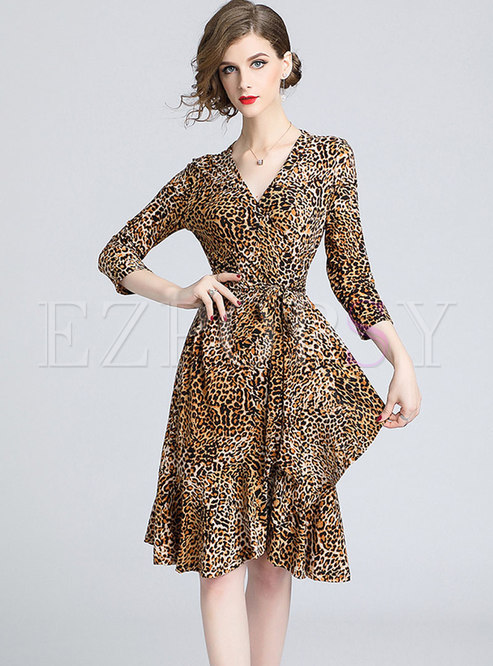 Autumn V-neck Leopard Print Ruffled Hem Dress