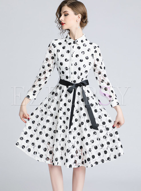 Brief Black-white Dots Belted Lace Patch Skater Dress