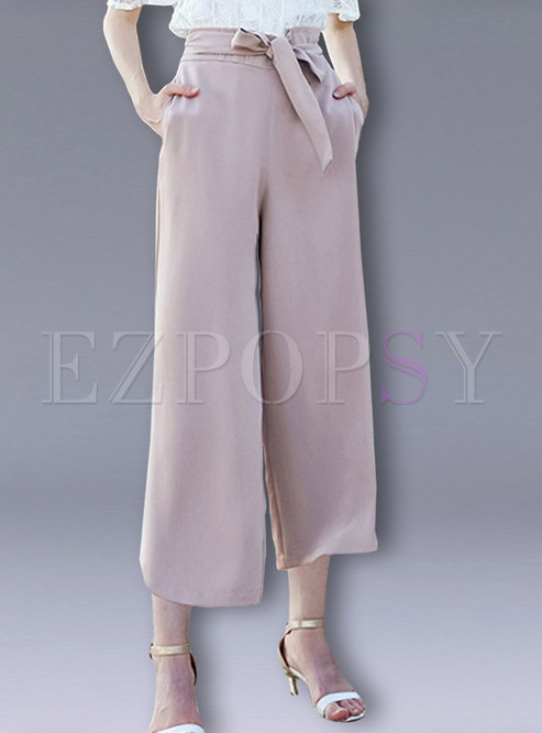 Casual Pure Color Belted All-match Wide Leg Pants