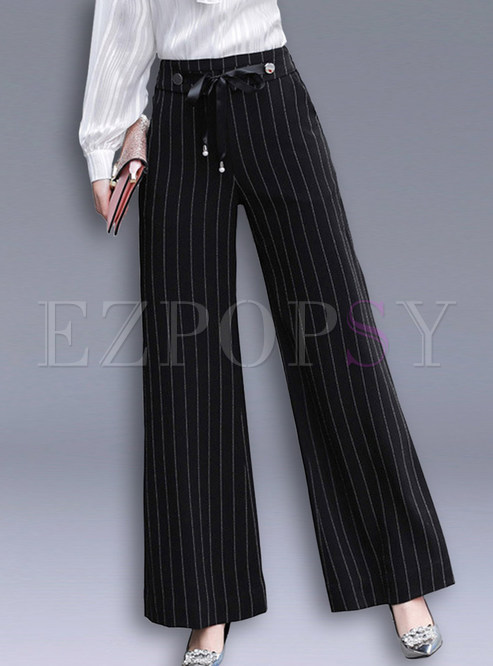 Striped Tie-waist Pocket Straight Wide Leg Pants