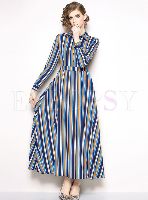 Trendy Shirt Collar Multicolor Striped Maxi Dress