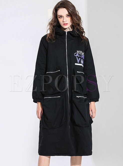Casual Black Print Hooded Zipper Loose Coat