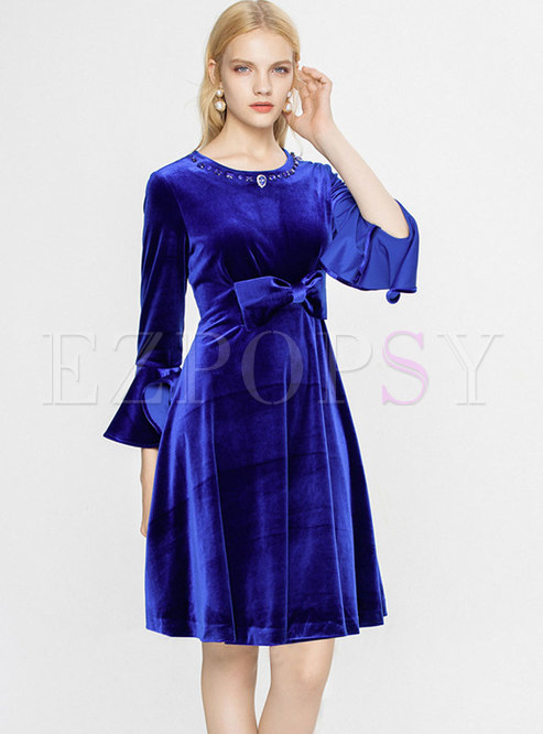 Dresses | Skater Dresses | Trendy Royal Blue Flare Sleeve Drilling ...