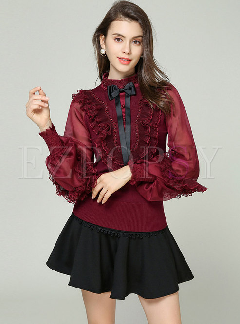 Mesh Splicing Lantern Sleeve Bowknot Beaded Knitted Sweater