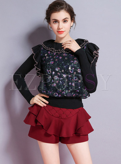 Black Falbala Knitted Sweater With Sequins