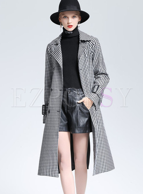 Trendy Houndstooth Tie-waist Trench Coat With Double-breasted
