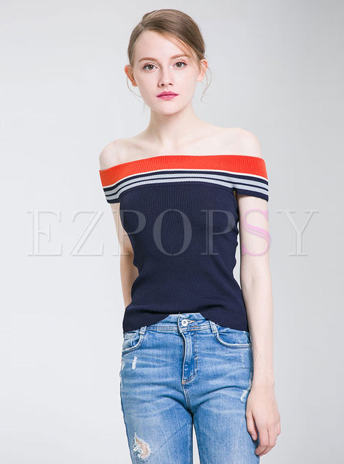 Sexy Striped Splicing Hollow Out Slim Knitted Top
