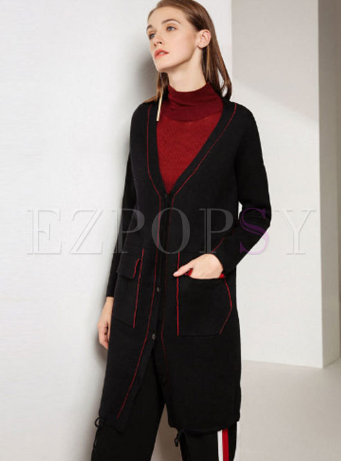 Loose Color-blocked V-neck Pocket Zip-up Knitted Coat