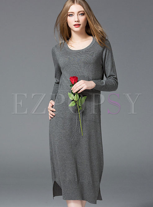 Fashion Slim Pure Color Bodycon Knitted Dress