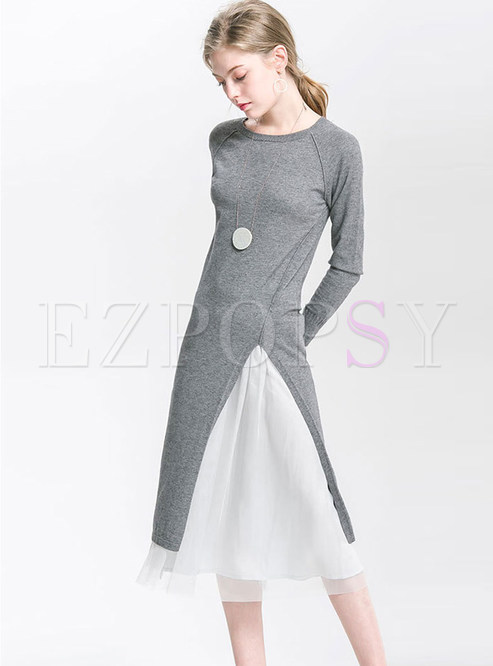 Fashionable Pure Color O-neck Slit Knitted Dress