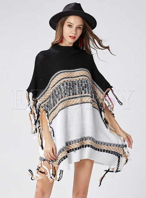 Color-blocked High Neck Bat Sleeve Tassel Knitted Sweater