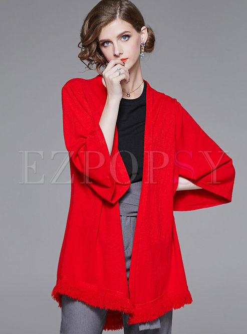 Stylish Red Asymmetric Tassel Patch Cardigan