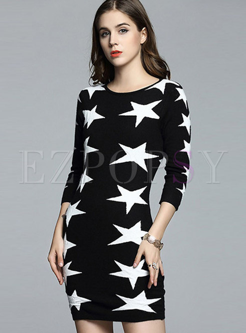 Elegant Star Pattern Embroidered Sheath Sweater Dress