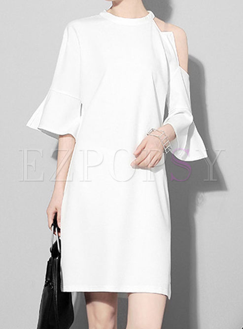 White Elegant Split Off Shoulder Shift Dress