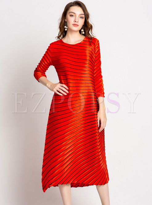 Stylish Red Crew-neck Plus Size Shimmer Irregular Dress